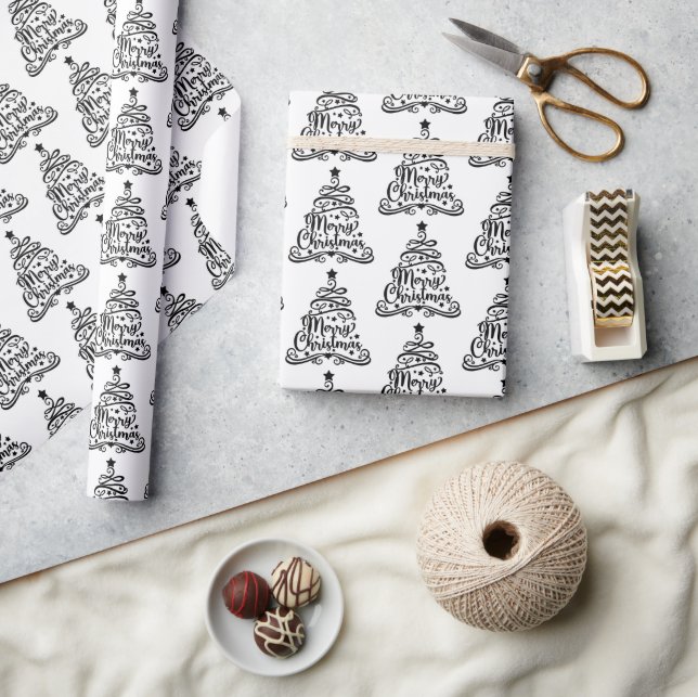 Black & White Festive Merry Christmas Tree Pattern Wrapping Paper (Crafts)