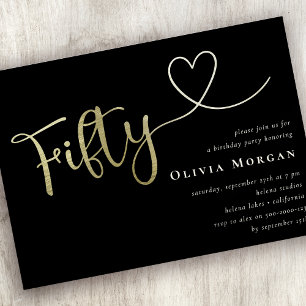 Black White Fifty Script Gold Foil 50th Invitation