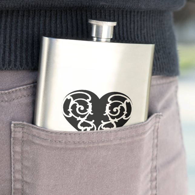 Black &White Filigree Heart Classic Flask (In Situ)