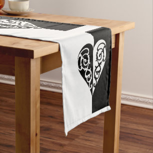 Black &White Filigree Heart Short Table Runner