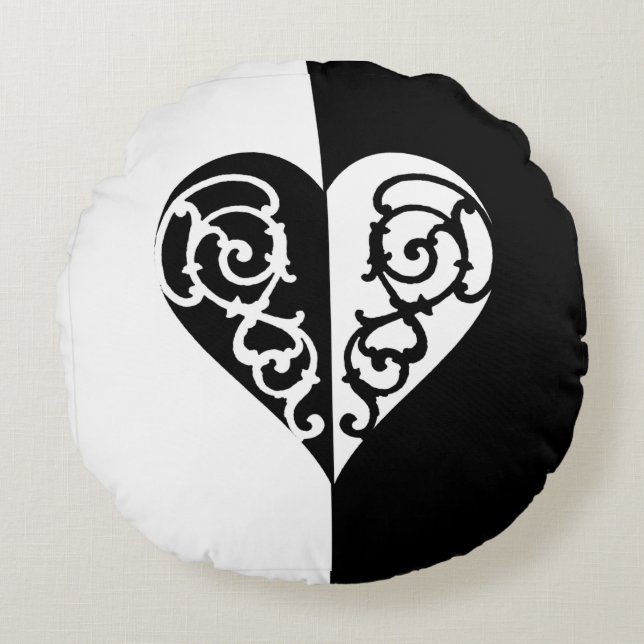 Black &White Filigree Heart Throw Pillow (Front)