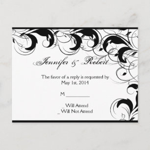 Black White Filigree Vintage Scroll RSVP Postcard
