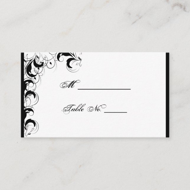 Black White Filigree Vintage Wedding Place Cards (Front)