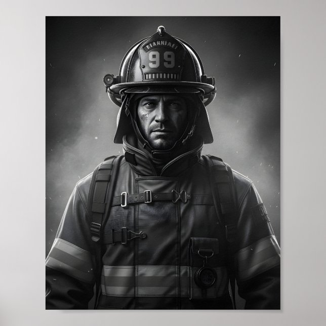 Black & White Firefighter Hero Fireman Tribute  Poster (Front)