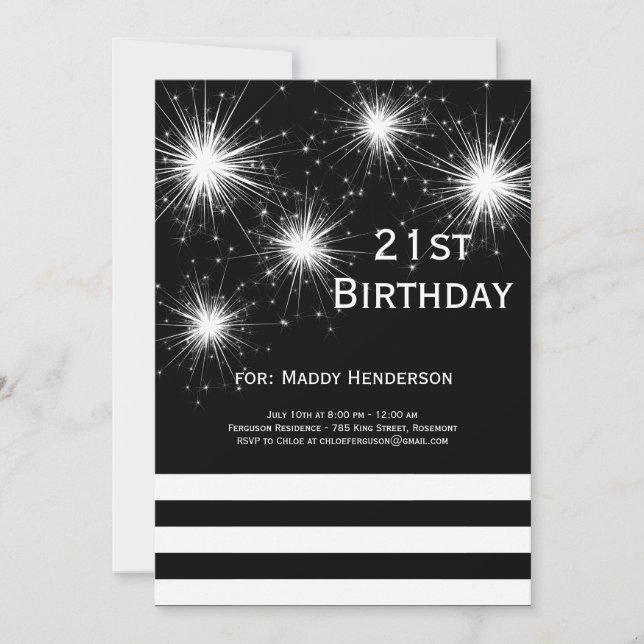 Black & White Fireworks 21st Birthday Invitation (Front)