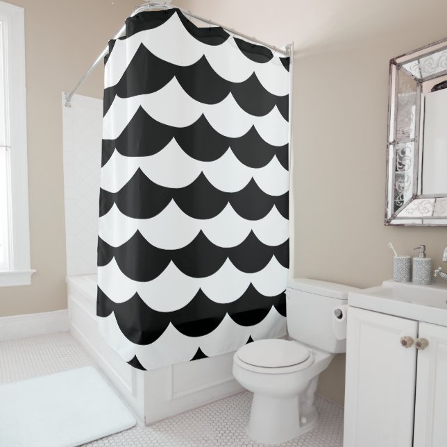 Black & White Fish Scale Print Shower Curtain (In Situ)