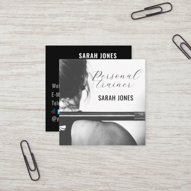 Black White Fitness Personal Trainer Influencer Square Business Card (Front/Back In Situ)