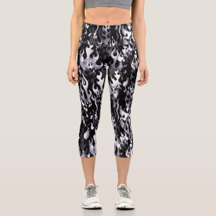 Black & White Flame Pattern Capri Leggings