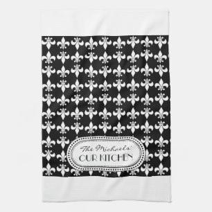Black   White Fleur de Lis Monogram Pattern Tea Towel
