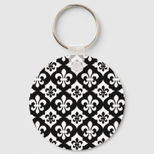 Black White Fleur De Lis Pattern Key Ring