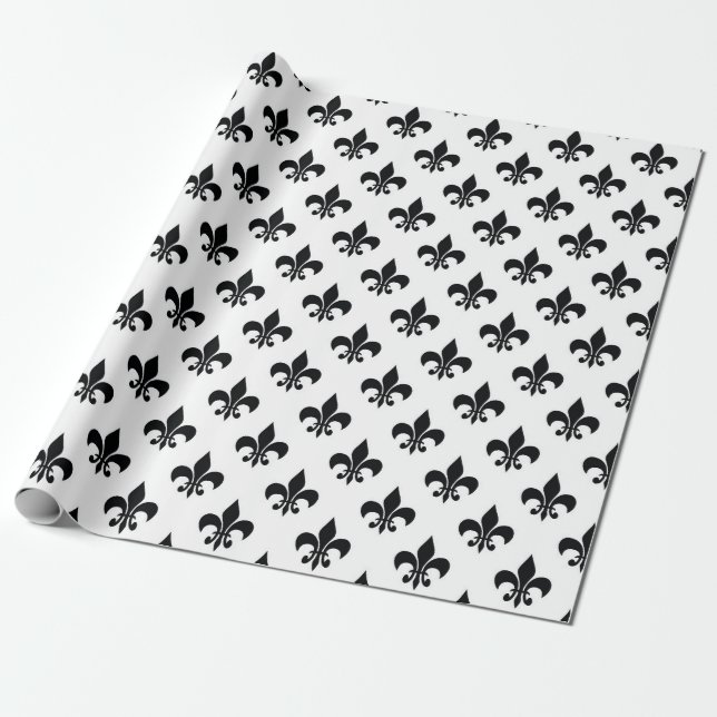 Black White Fleur-de-lis Wrapping Paper (Unrolled)