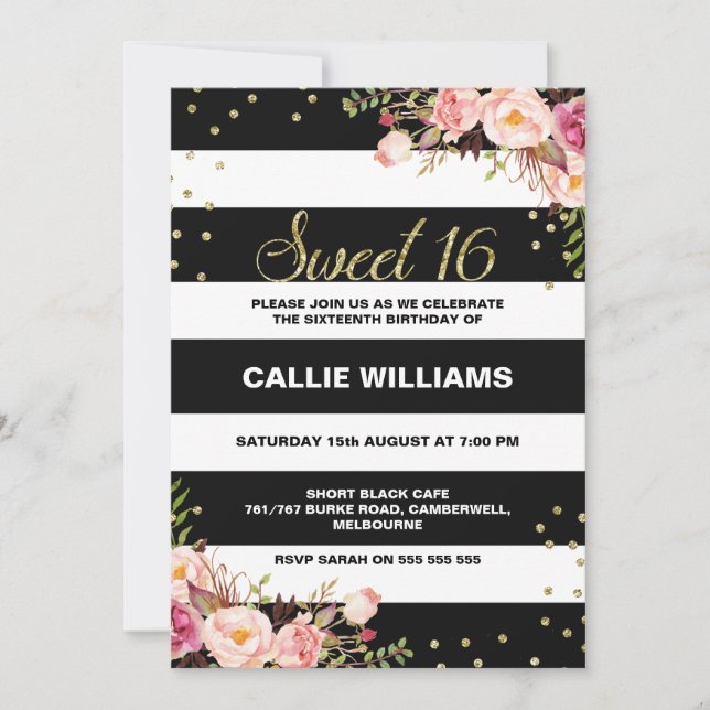 Black White Floral 16th Birthday Invitation (Front)