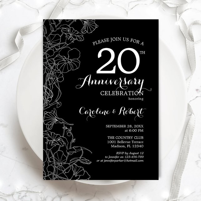 Black White Floral 20th Anniversary Invitation (Creator Uploaded)