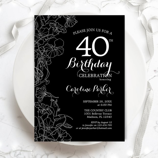 Black White Floral 40th Birthday Invitation (Creator Uploaded)