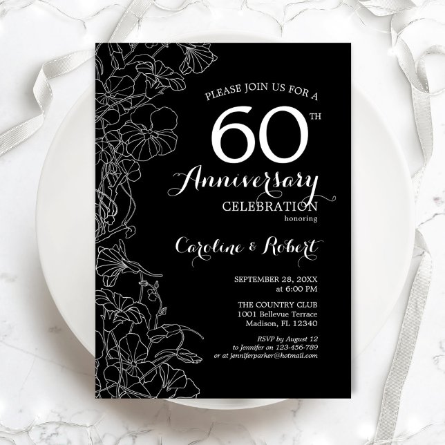 Black White Floral 60th Anniversary Invitation (Creator Uploaded)