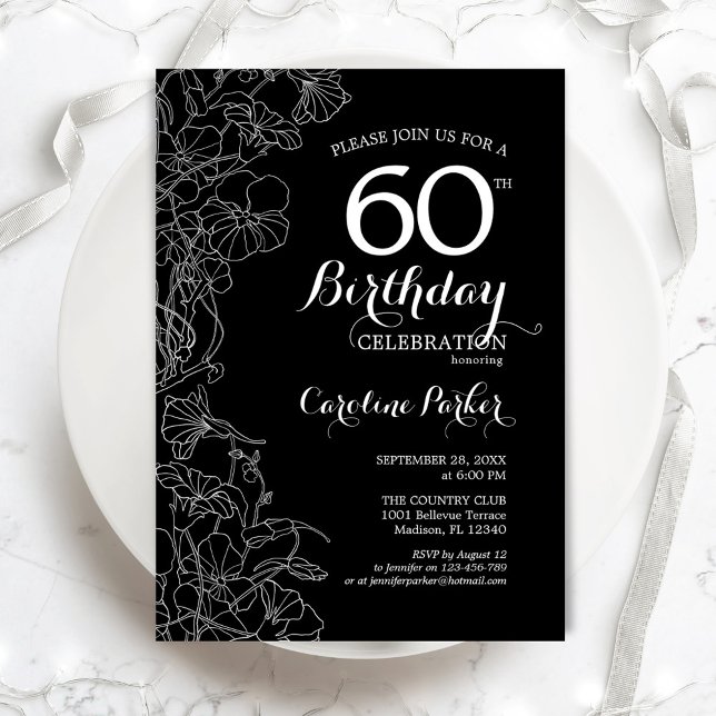 Black White Floral 60th Birthday Invitation (Creator Uploaded)