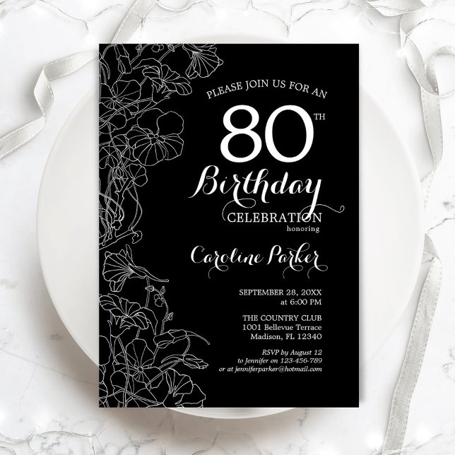 Black White Floral 80th Birthday Party Invitation (Creator Uploaded)