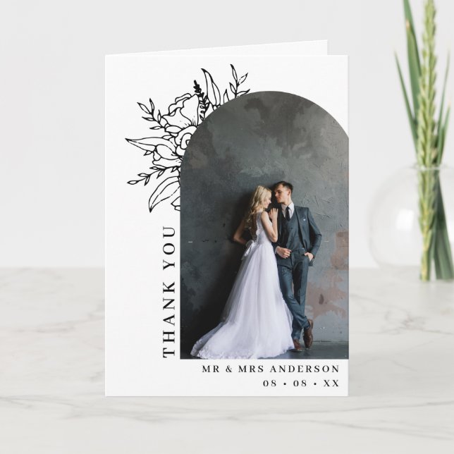 Black & White Floral Arch Photo Wedding Folded Thank You Card (Front)
