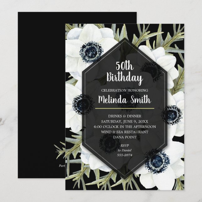 Black & White Floral Birthday Invitations (Front/Back)