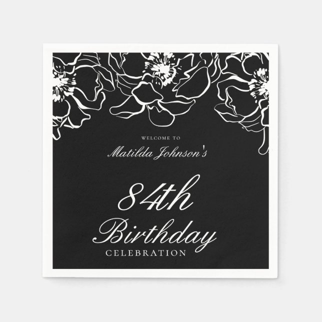 Black White Floral Birthday Party Paper Napkin (Front)