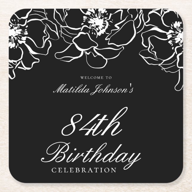 Black White Floral Birthday Party Square Paper Coaster (Front)