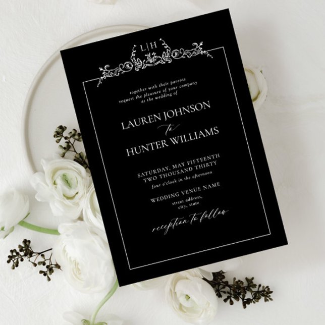 Black White Floral Border Monogram Wedding Invitation (Creator Uploaded)