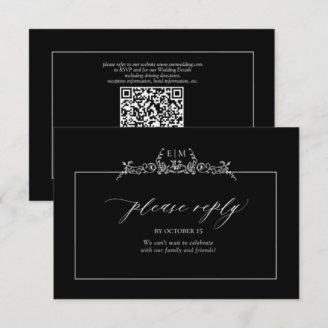 Black & White Floral Border Monogram Wedding RSVP Card (Front/Back)