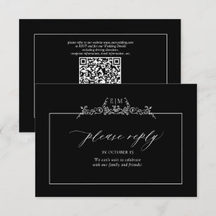 Black & White Floral Border Monogram Wedding RSVP Card