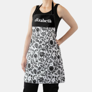 Black White Floral Botanical Boho Custom Name Bold Apron