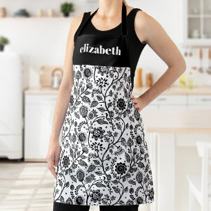 Black White Floral Botanical Boho Custom Name Bold Apron