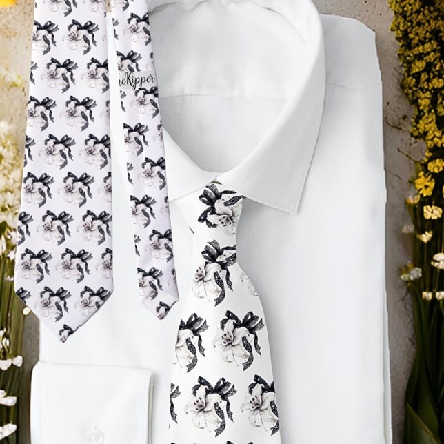 Black White Floral Botanical Lily Lace Ribbon Tie (Creator Uploaded)
