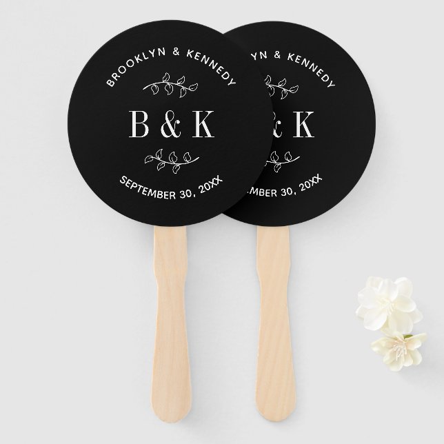 Black White Floral Botanical Monogram Couple Name Hand Fan (Front and Back)