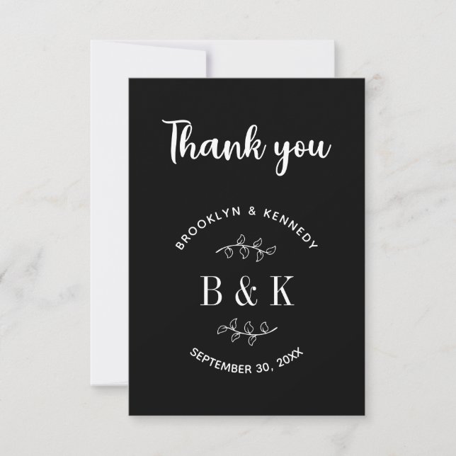 Black White Floral Botanical Monogram Couple Name Thank You Card (Front)