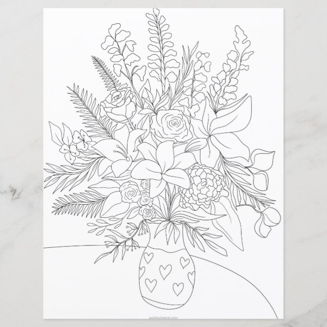 Black white floral bouquet colouring illustration (Front)