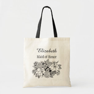 Black White Floral Bridal Bridesmaid with Name Tote Bag