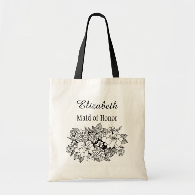 Black White Floral Bridal Bridesmaid with Name Tote Bag (Front)