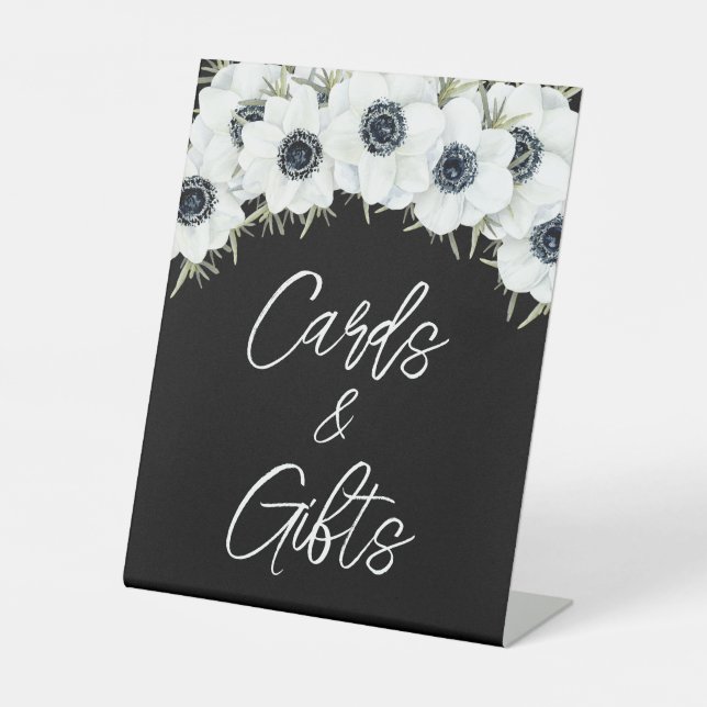 Black White Floral Bridal Shower Cards and Gifts Pedestal Sign (Front)