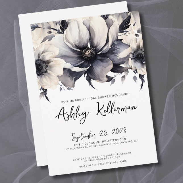 Black White Floral Bridal Shower Invitation (Elegant Modern Floral Black White Bridal Shower Invitation)
