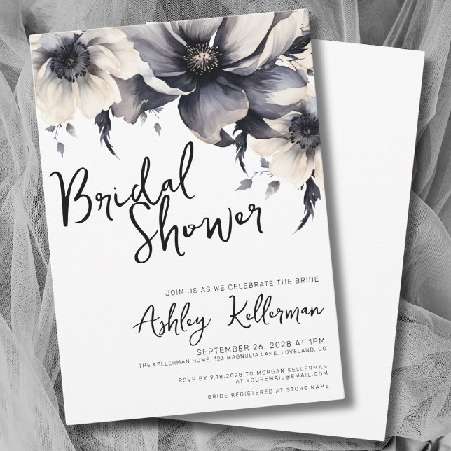 Black White Floral Bridal Shower Invitation (Chic Elegant Floral Black White Bridal Shower Invitation)