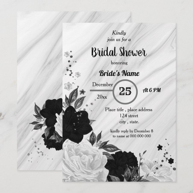 Black & white floral bridal shower invitation (Front/Back)