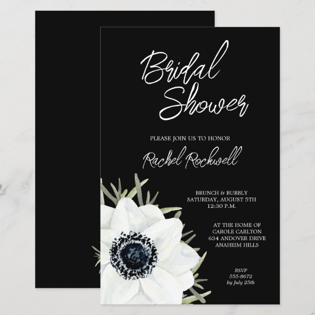 Black White Floral Bridal Shower Invitations (Front/Back)