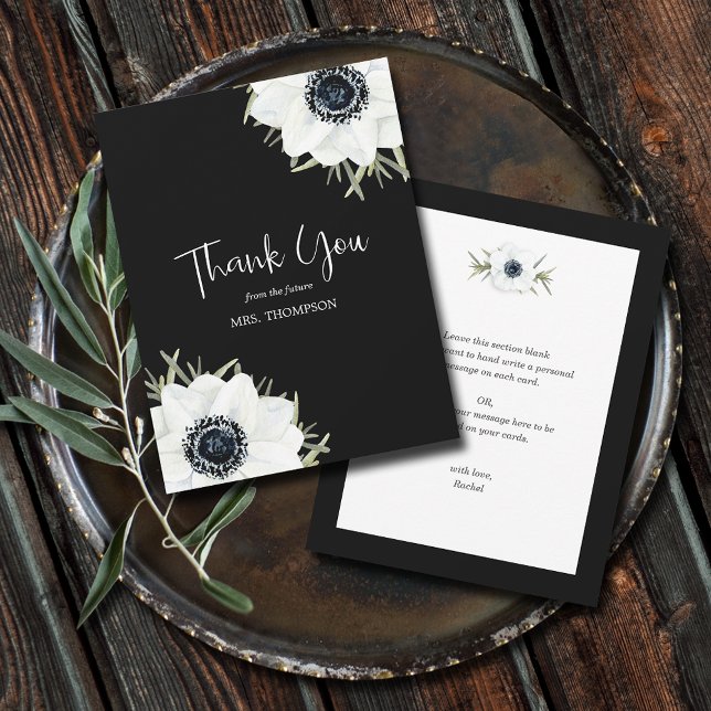 Black White Floral Bridal Shower Thank You Card (Black and White Anemones Floral Flat Thank You Cards - 4.25" x 5.5")