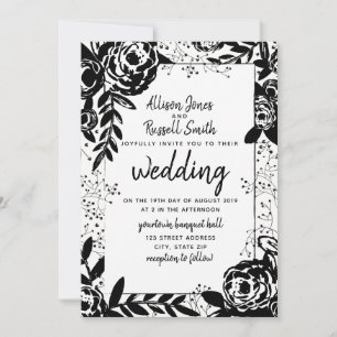 Black + White Floral Calligraphy Wedding Invitation
