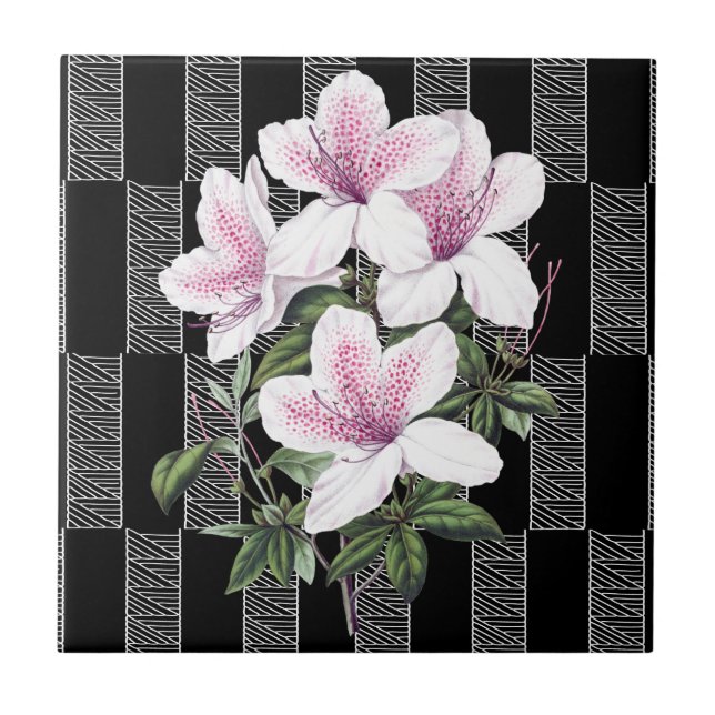  Black White Floral Ceramic Tile (Front)