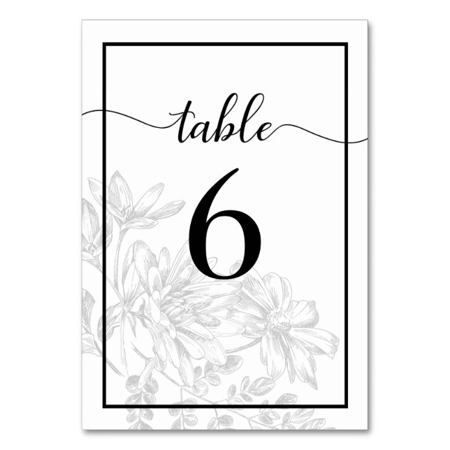 Black White Floral Chic Wedding Reception Table Number (Back)