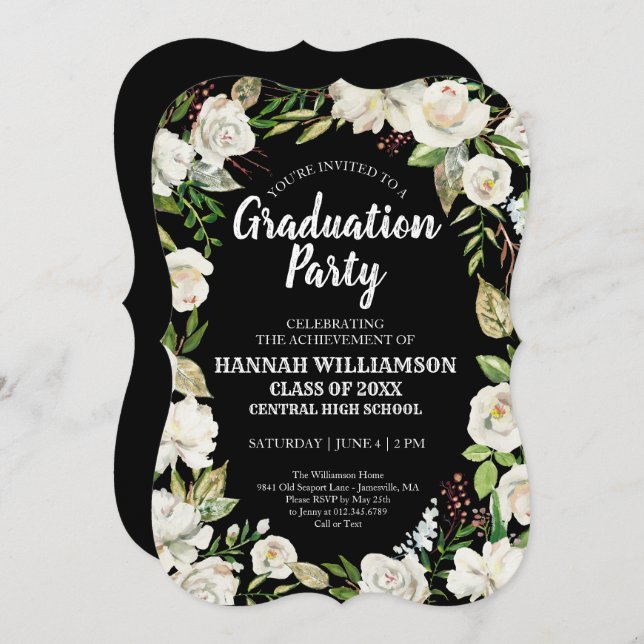Black White Floral Class of 2021Graduation Party Invitation (Front/Back)