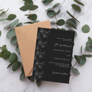 Black white floral classic formal wedding invitation
