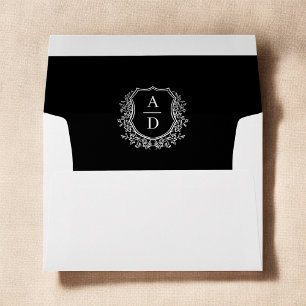 Black White Floral Crest Monogram Wedding Envelope