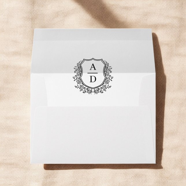Black White Floral Crest Monogram Wedding Envelope (Creator Uploaded)