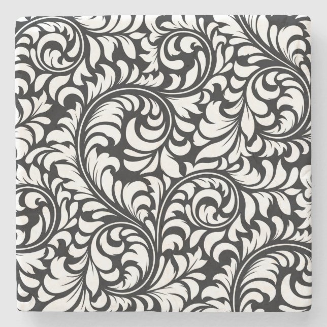 Black & White Floral Damask Marble Coaster (Front)
